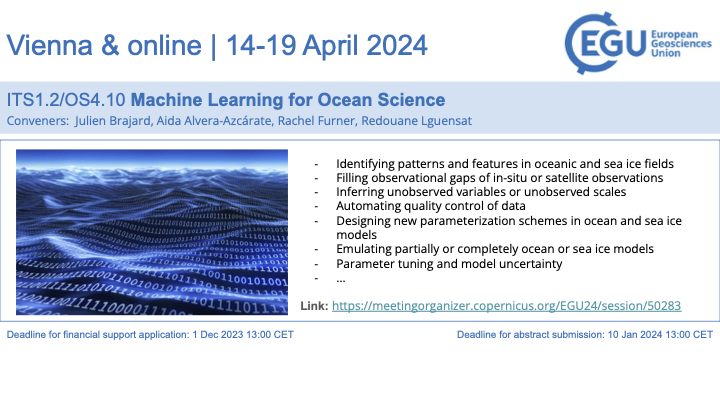 'Happy New Year! 🎉 Start 2024 on a scientific note by submitting an abstract to #EGU24. Please consider the following session: 'Machine Learning for Ocean Science'! With to conveners @rachelafurner @redouanelg @aida_alvera.