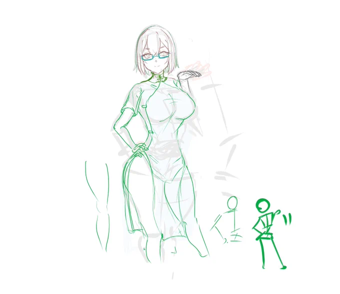 あとは柄とかなんか考える…のは明日にしよ あと奥の左手の描き方調べるのも明日以降
