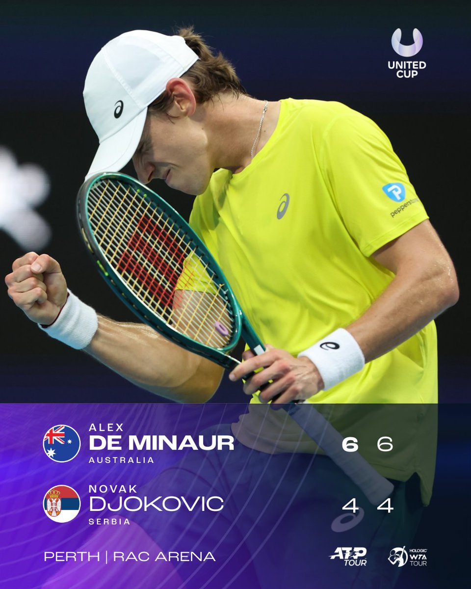 UnitedCupTennis's tweet photo. THE BIGGEST WIN OF HIS CAREER 🔓⭐️

🇦🇺 @alexdeminaur delivers a magical display to defeat World No. 1 Djokovic and give Australia a 1-0 lead over Serbia! 

#UnitedCup https://t.co/CKFTAlC9II