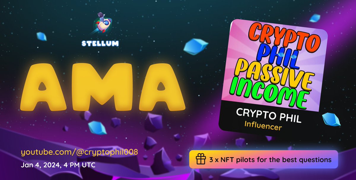 🚀 Join us tomorrow, January 4th, at 4 PM UTC for an AMA session with CRYPTO PHIL! We'll dive into Stellum's mechanics, secret development tactics, and discuss the game's future plans.

🔗 Crypto Phil Channel - youtube.com/@cryptophil008