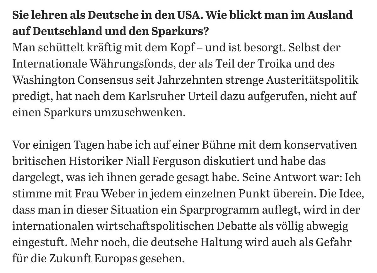 In der internationalen Debatte schüttelt man über Deutschland kräftig mit dem Kopf. Selbst der internationale Währungsfonds &amp; konservative Ökonomen warnen vor Deutschlands Kurs. Deutschlands Haltung werde als "Gefahr für die Zukunft Europas" eingestuft. 7/8