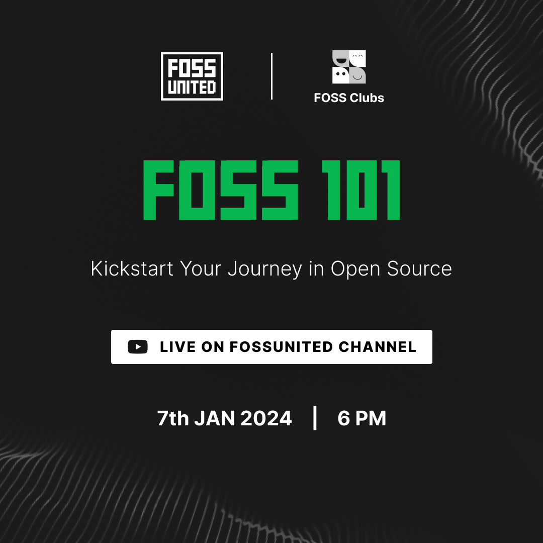FOSSUnited's tweet photo. Join us for FOSS 101 by FOSS Clubs, an initiative to help you kickstart your journey of contributions. Tune into the FOSS United YouTube channel on Jan 7th at 6 PM. Let's learn and grow together.
π https://t.co/vpUUXKzWrP
#FOSSUnited #FOSSClubs https://t.co/FgaPenbv56