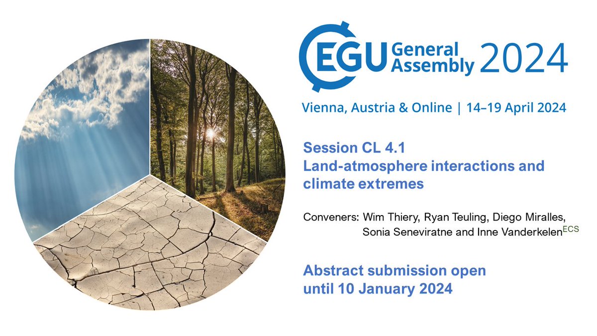 Inne Vanderkelen (@ivanderkelen) on Twitter photo 📢 Working on land atmosphere-interactions and their role in shaping climate extremes?
🌍Consider submitting an abstract to our EGU24 session: meetingorganizer.copernicus.org/EGU24/sessionp…
🗓️ Deadline is 10 January (yes, that's next week!)
w/ <a href="/WimThiery/">Wim Thiery</a>, <a href="/SISeneviratne/">Prof Sonia I. Seneviratne</a>, @droughtNL, D. Miralles 📢 Working on land atmosphere-interactions and their role in shaping climate extremes?
🌍Consider submitting an abstract to our EGU24 session: meetingorganizer.copernicus.org/EGU24/sessionp…
🗓️ Deadline is 10 January (yes, that's next week!)
w/ <a href="/WimThiery/">Wim Thiery</a>, <a href="/SISeneviratne/">Prof Sonia I. Seneviratne</a>, @droughtNL, D. Miralles