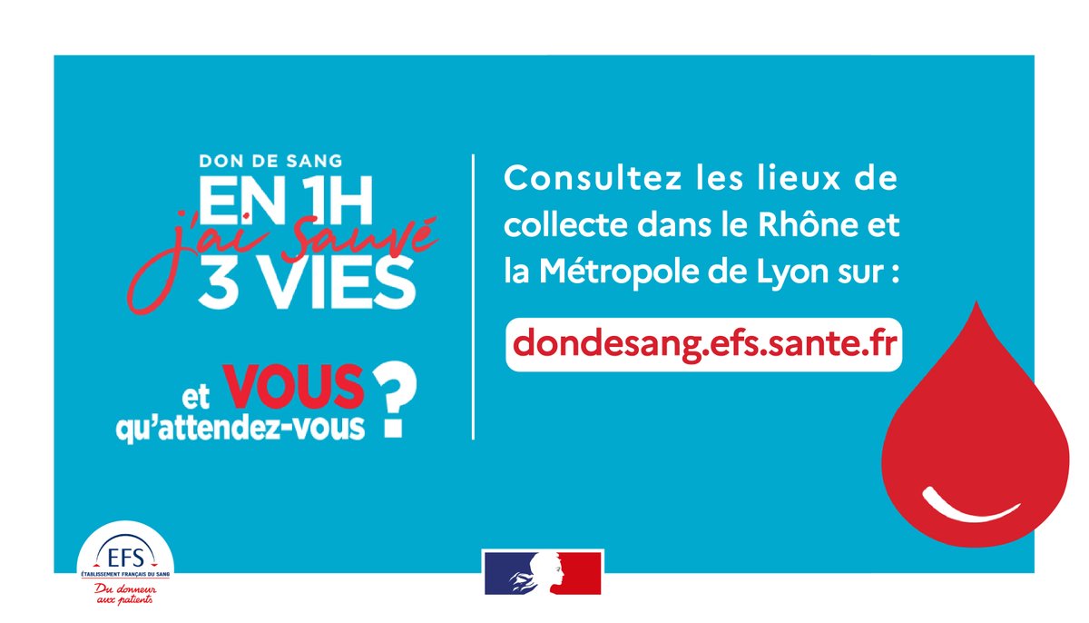 #BonneRésolution2024 qui sauve des vies : donnez votre sang.

Le calendrier des collectes mobiles de #JANVIER dans le #Rhône :

🩸08/01 : #vaulxenvelin
🩸11/01 : #corbas
🩸15/01 : #pierrebénite
🩸19/01 : #lyon4… Et bien d’autres !

Pour vous inscrire👇
dondesang.efs.sante.fr/trouver-une-co…
