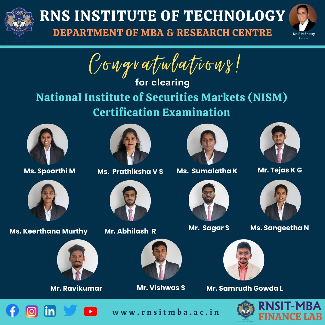 rnsit_mba's tweet image. Congratulations to all the students who have successfully cleared the NISM Chapter VA exam! Your dedication and hard work have paid off,showcasing your commitment to financial knowledge and professionalism. Well done on this significant achievement! 
#rnsit
#MutualFunddistributor