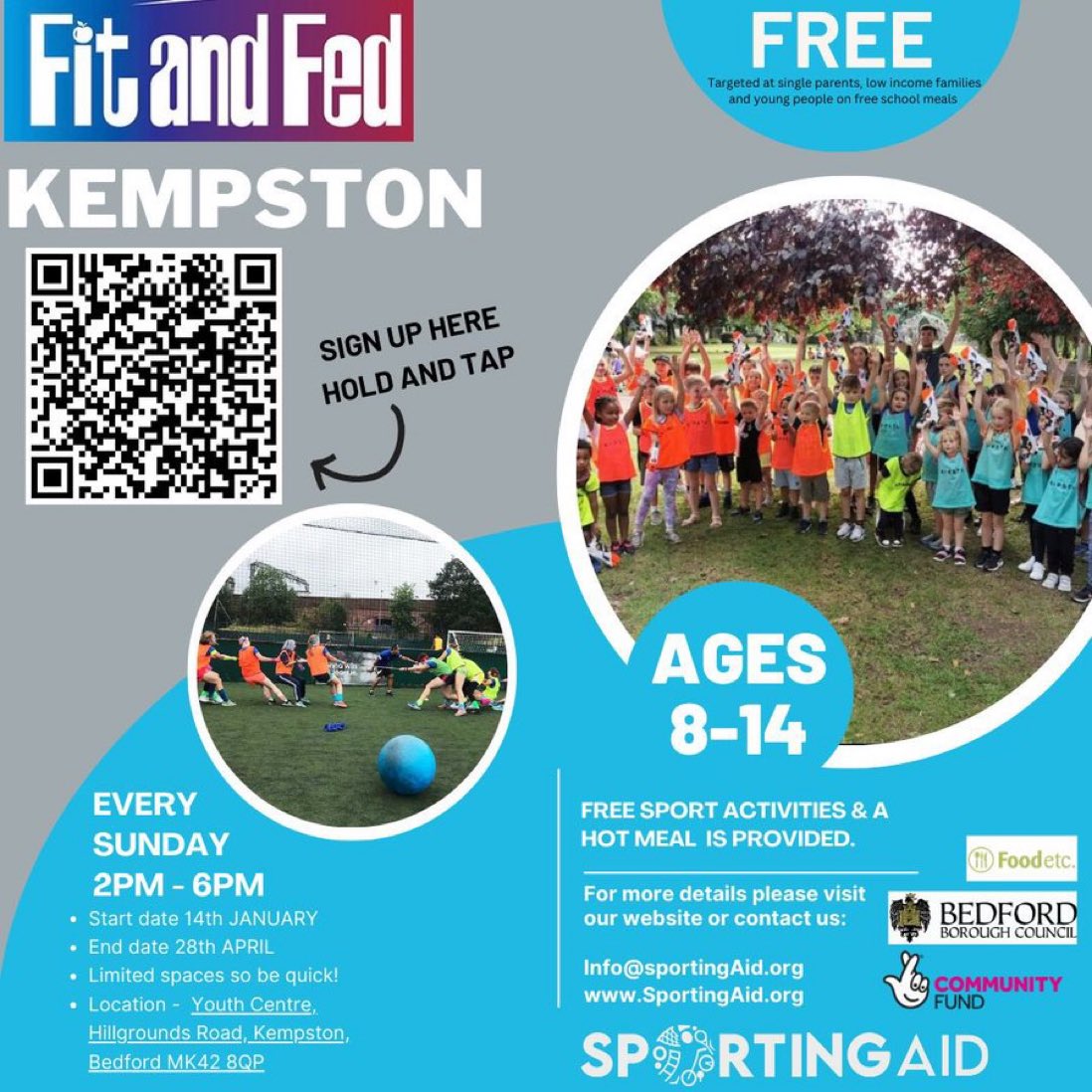 Limited Spaces Available | Fit and Fed programme at Kempston #YouthClub, #Bedford. 

A FREE, fun and engaging programme, designed to keep young people ages 8 to 14 active during the weekend with a hot meal. 

For more info, please see link SportingAid.org/kempston-f-f