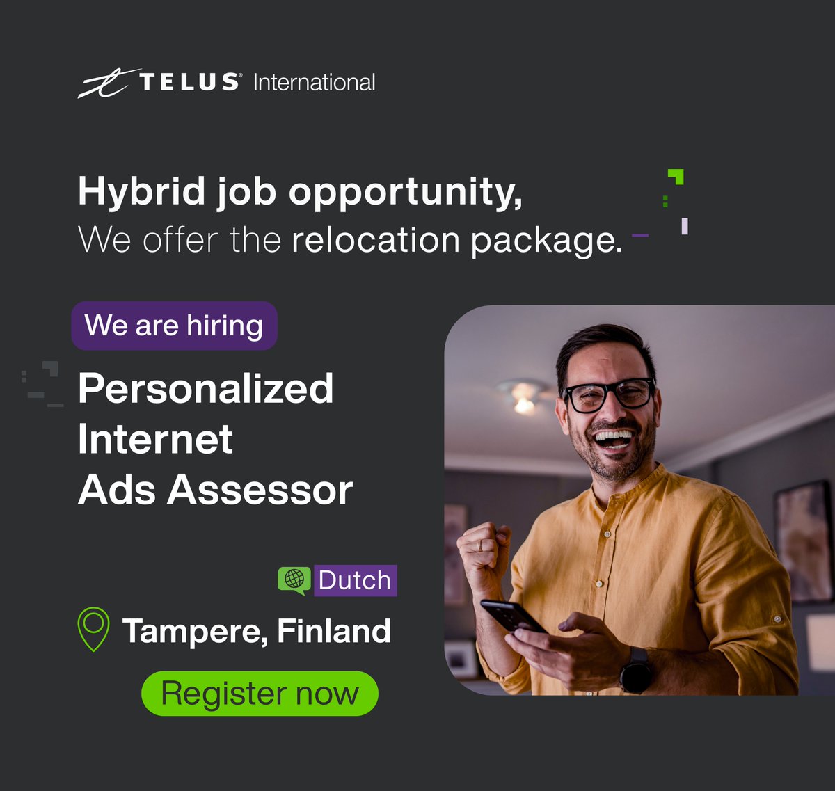 We are looking for Dutch speakers willing to relocate to Finland! We offer the relocation package. ✅

Join our team as a Personalized Internet Ads Assessor today.

Learn more🔗:
jobs.telusinternational.com/en_US/careers/…