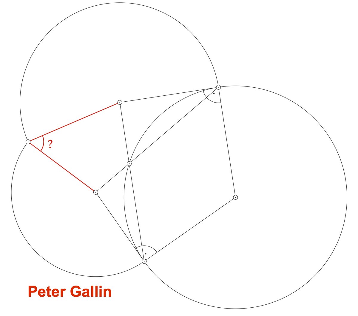 Circle with two tangent segments. Two more circles producing the red angle.