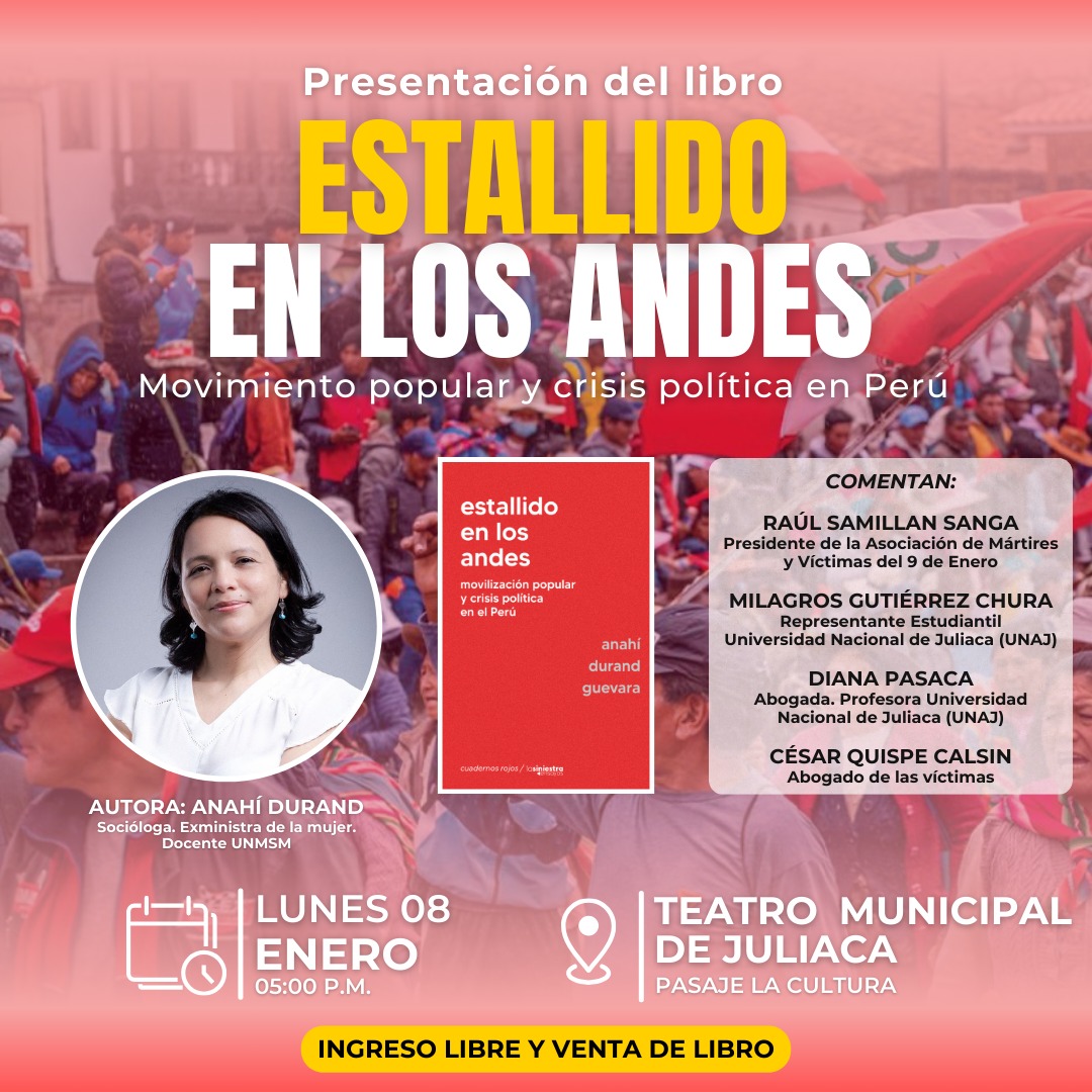 anahidurandg's tweet photo. 📢A un año de la masacre de Juliaca, tendré el honor de presentar "Estallido en los andes" en esa valiente ciudad. Agradezco el interés por este libro que busca dar a conocer el protagonismo popular en lucha contra la dictadura
Lunes 8 de enero 5.0pm
Teatro Municipal de Juliaca https://t.co/EbgRD31yTj