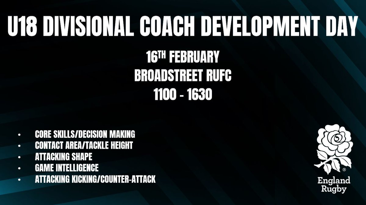 🏉Coach Development Opportunity🏉

U18 Divisional Coach Development Day

📆16/02
🗺️Broadstreet RUFC

Book your place: a.secker@outlook.com

Places are limited