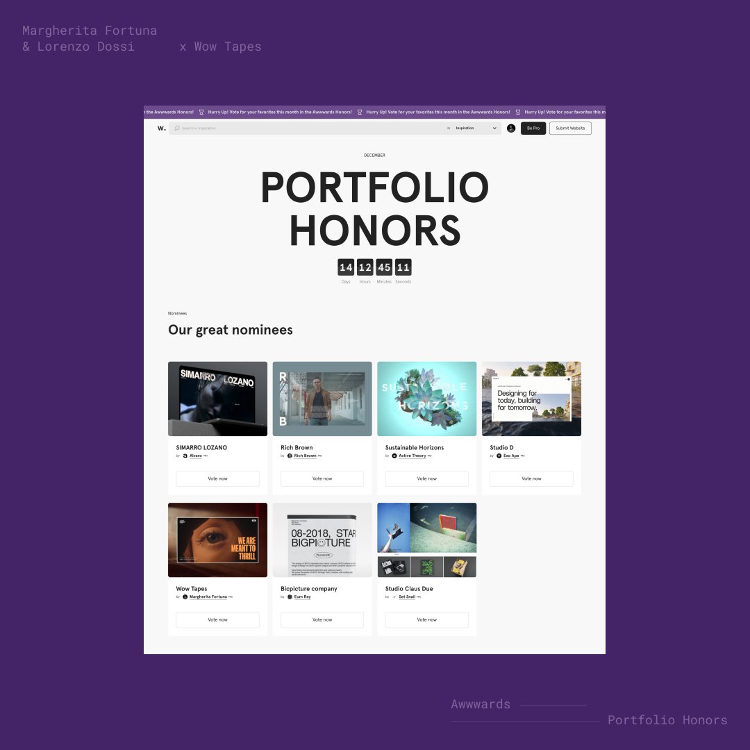 What a great way to kick off the new year 🔥 Wow Tapes Portfolio has been nominated to win the <a href="/awwwards/">awwwards.</a> Portfolio Honors along with other incredible websites! You can vote for your favorites with love here ❤️
awwwards.com/honors/portfol…

<a href="/lorenzodossi/">Lorenzo Dossi</a>