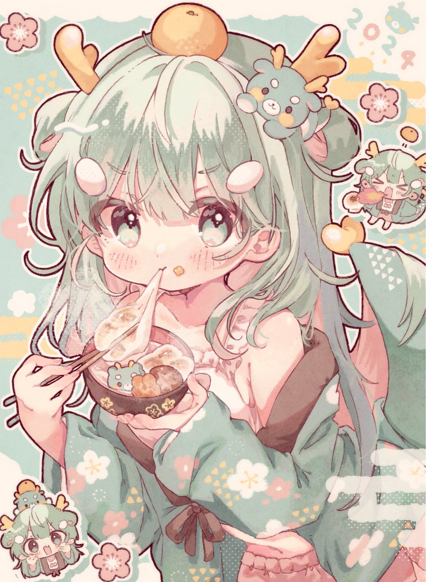 food 1girl mochi eating holding bowl holding green hair  illustration images