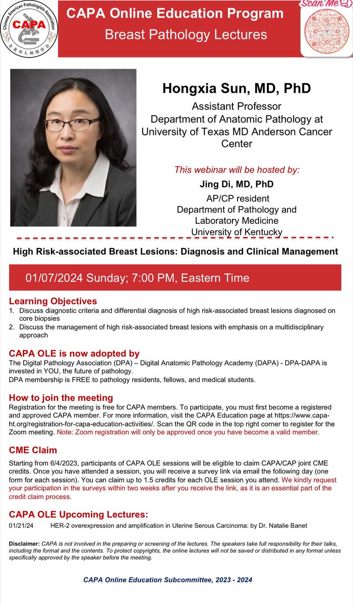 🎉 Kick off 2024 with our first CAPA OnlineEd session! Explore 'High Risk-associated Breast Lesions: Diagnosis & Clinical Management' with Dr. Hongxia Sun from @MDAndersonNews Jan 7, 7 PM ET. Begin the year enriched with new knowledge. #BreastPath Host: Dr. Jing Di @JD_path
