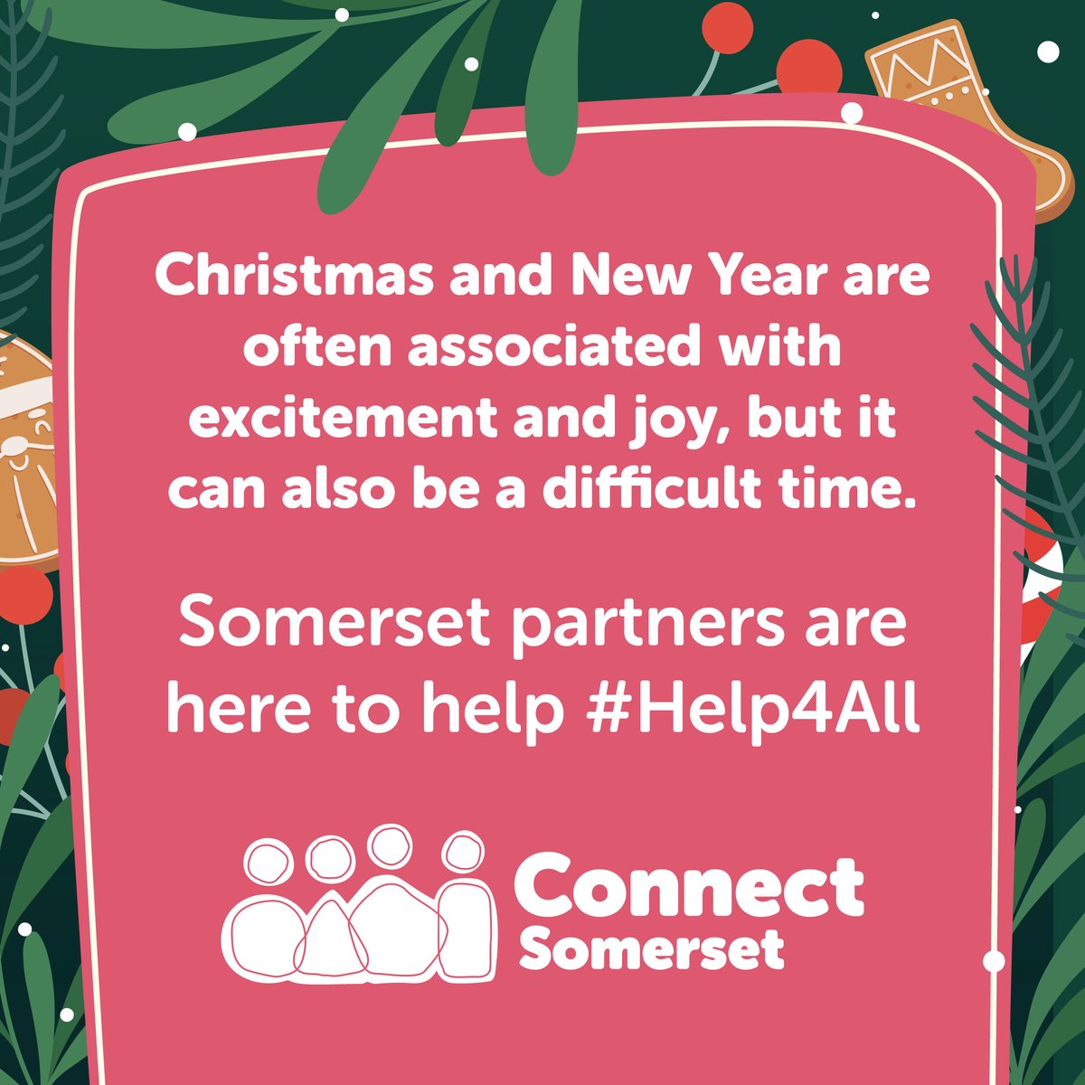 SomersetCouncil's tweet image. Christmas and New Year are often associated with excitement and joy, but it can also be a difficult time. Somerset partners are here to help - #Help4All.

For services and support, visit:  orlo.uk/wMqR9