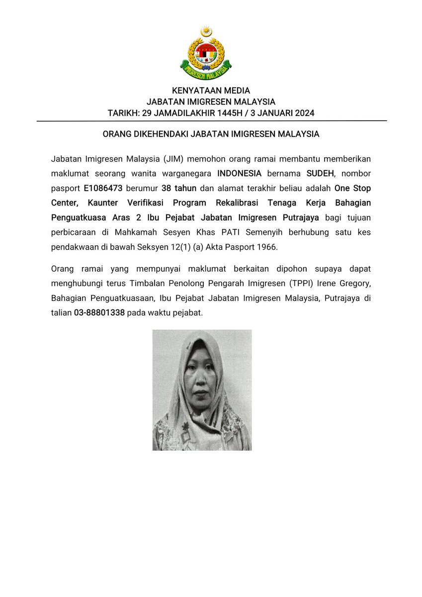 imigresenmy's tweet photo. ORANG DIKEHENDAKI JABATAN IMIGRESEN MALAYSIA 

#imigresen #jim #kdnmadani #MalaysiaMadani #KDN_TogetherWeAreOne #KeselamatanTanggungjawabBersama https://t.co/pHVYhrBTb4