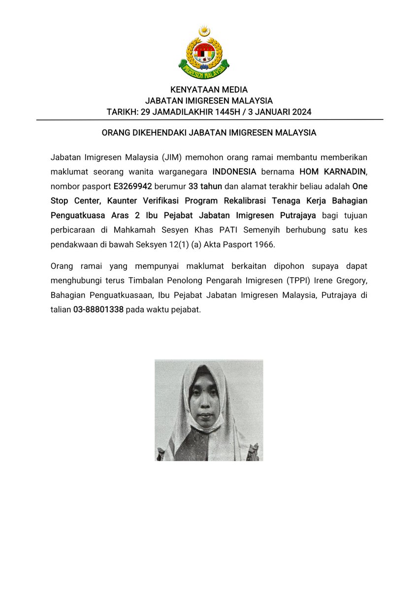 imigresenmy's tweet photo. ORANG DIKEHENDAKI JABATAN IMIGRESEN MALAYSIA 

#imigresen #jim #kdnmadani #MalaysiaMadani #KDN_TogetherWeAreOne #KeselamatanTanggungjawabBersama https://t.co/pHVYhrBTb4