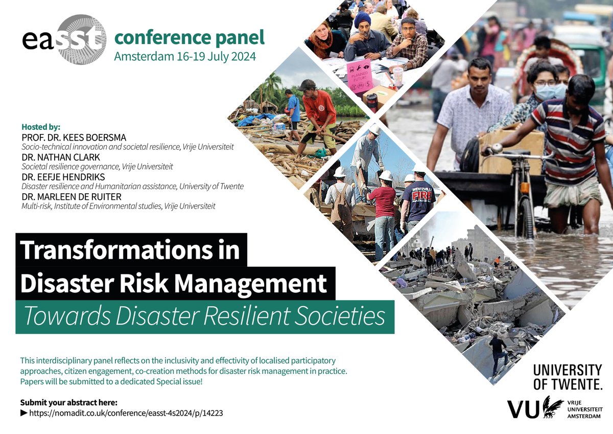 📢Join our panel at the #EASST4S2024 conference!

Transformations in Disaster Risk Management - Towards Disaster Resilient Societies! 

📅 Date: 16-19 July 2024
📍 Location: Amsterdam, the Netherlands
⏱ Abstract Deadline: 12th February 2024
🔗Link: lnkd.in/e2uPj4sD