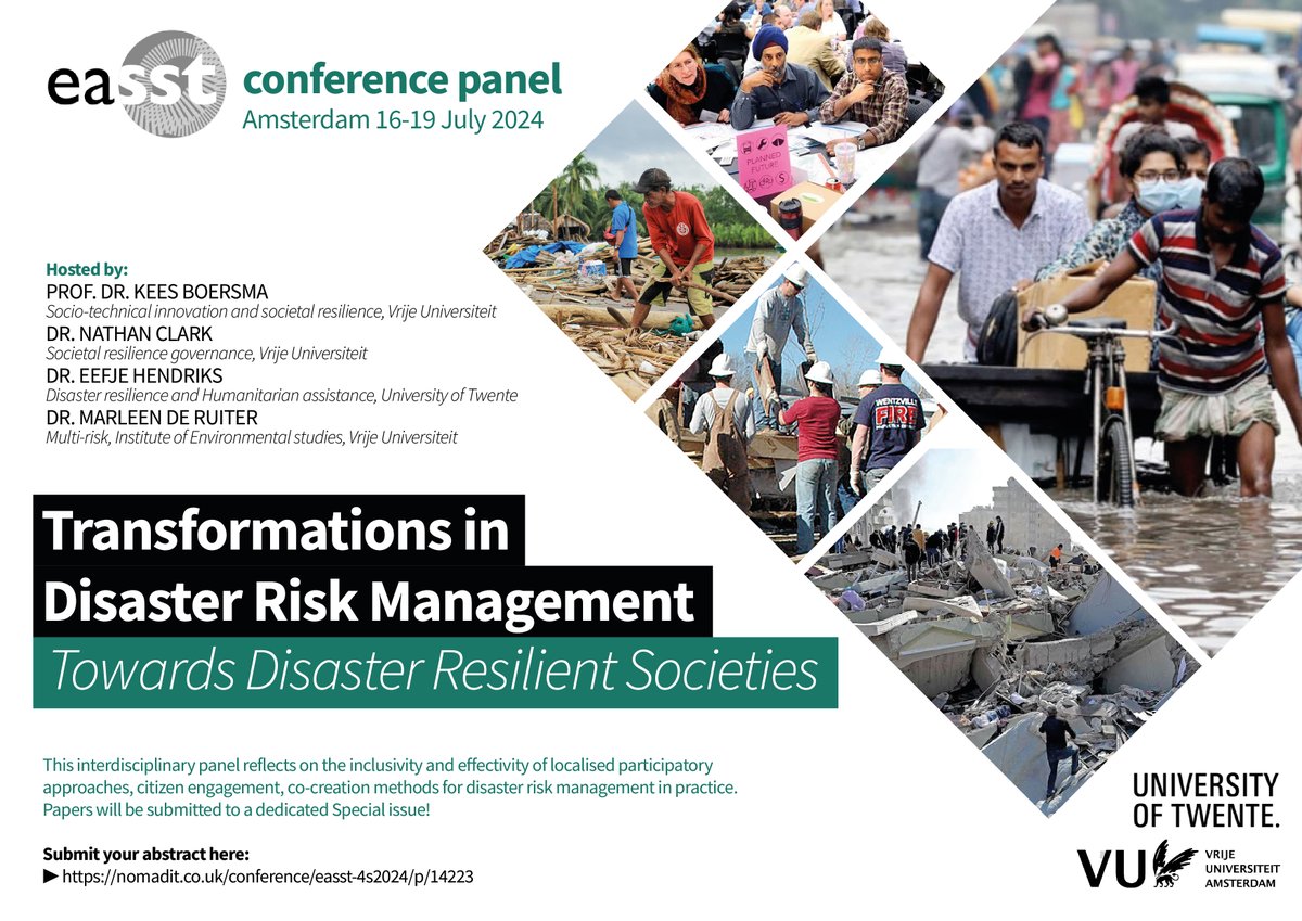 📢Join our panel at the #EASST4S2024 conference! Transformations in Disaster Risk Management - Towards Disaster Resilient Societies! 📅 Date: 16-19 July 2024 📍 Location: Amsterdam, the Netherlands ⏱ Abstract Deadline: 12th February 2024 🔗Link: lnkd.in/e2uPj4sD