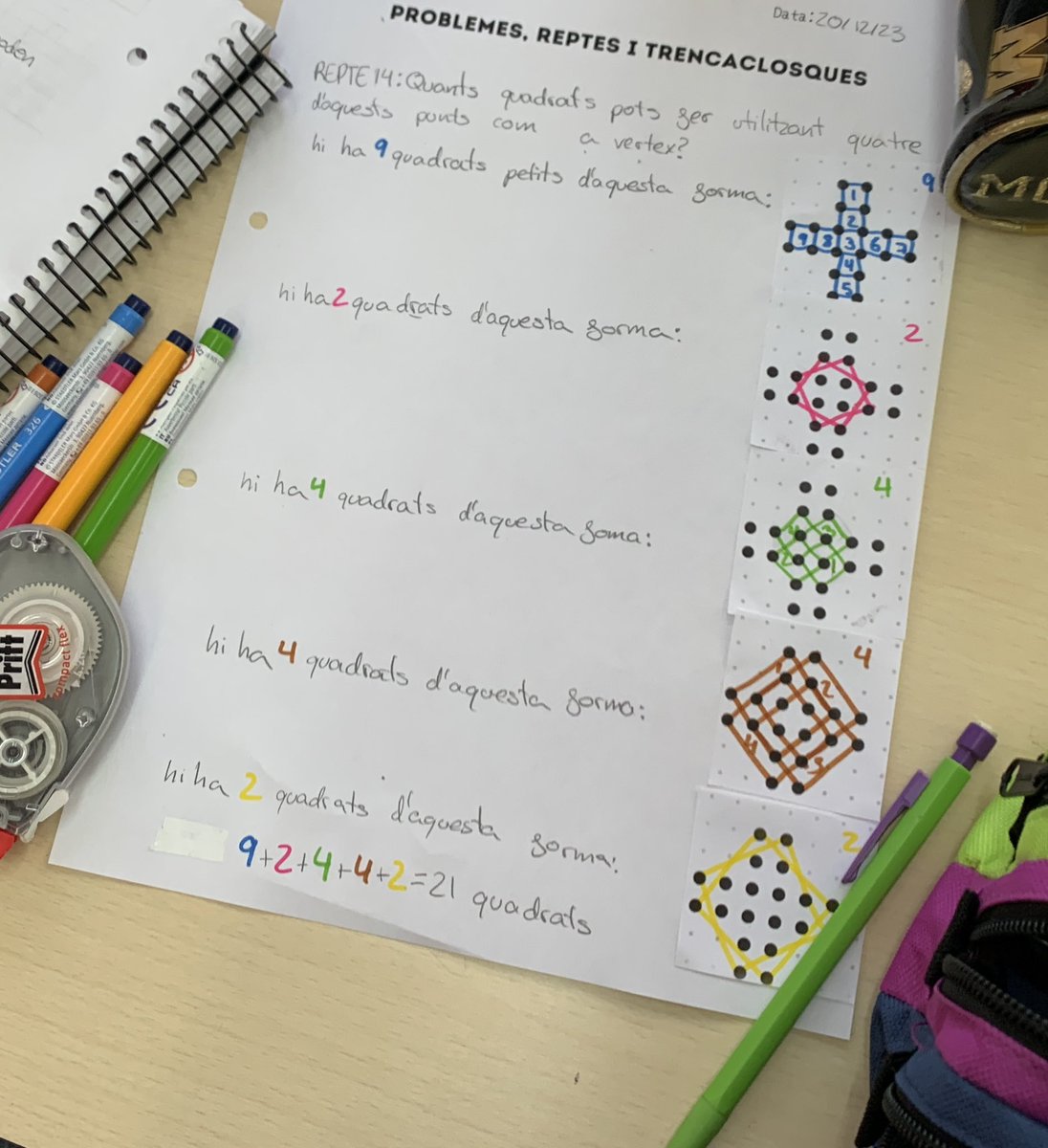 CarlesGranell4's tweet image. Quadrats al geoplà 🔶

👉🏼 Quants quadrats pots dibuixar utilitzant 4 d’aquests punts com a vèrtexs? Quines són les seves àrees?

Un bon repte el problema 14 del #PuzzleCalendar de @MathigonOrg