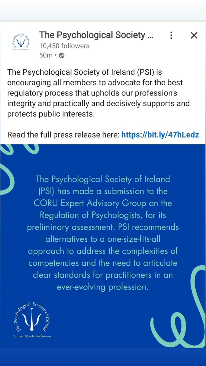 Regulation for psychologists working outside the health &amp; social specialisms (clin, couns, ed) is needed to protect the profession &amp; the public. <a href="/PsychSocIreland/">Psychological Society of Ireland</a> recommends the Chartership model already in place to address this. Full press release below 👇 acrobat.adobe.com/link/review?ur…
