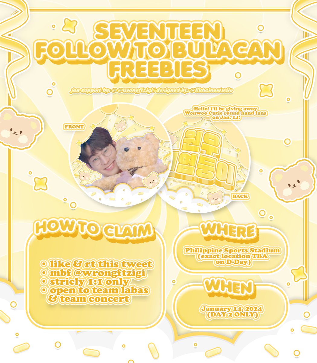 wrongftzigi's tweet photo. (๑･̑◡･̑๑) SEVENTEEN FOLLOW TO BULACAN FREEBIES GIVEAWAY 🫶🏼

🐻 wonwoo cutie round hand fans 🐻 

• mbf, like &amp; rt this tweet
• no trades or donations! can do on the spot trades tho☺️
• limited qty!
• FOR DAY 2 ONLY!

#SVT_TOUR_FOLLOW 
#FOLLOW_TO_BULACAN https://t.co/Cqq0FQIght