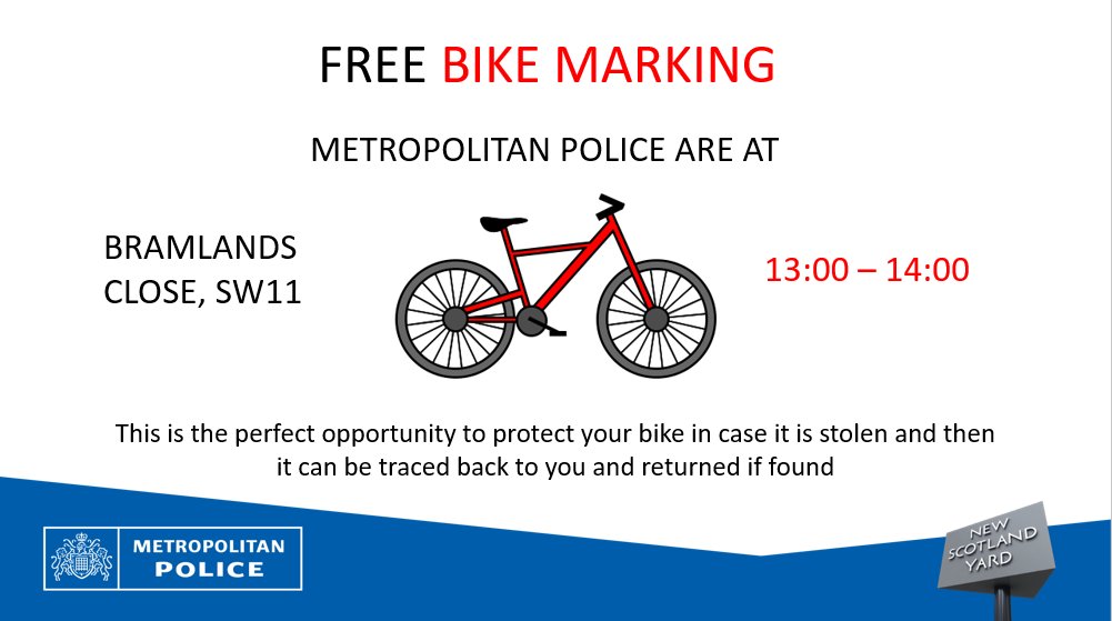 If you haven't had your bike marked, here's your chance! Falconbrook will be holding a bike marking event @ Bramlands Close, SW11 on Saturday 20th January from 1pm-2pm. And it's FREE! Details are below⬇️ #crimeprevention @MPSWandsworth ^7040 SW