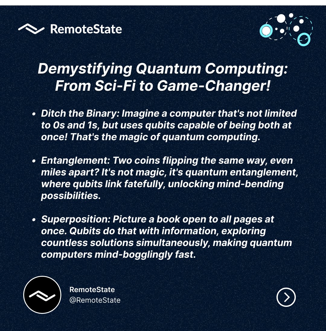 RemoteState's tweet photo. Quantum computing is no longer sci-fi. It's here, and it's about to revolutionize industries like software development, finance, and medicine.

#quantumcomputing  #futureoftech #softwaredevelopment https://t.co/fYpjRC8aBO