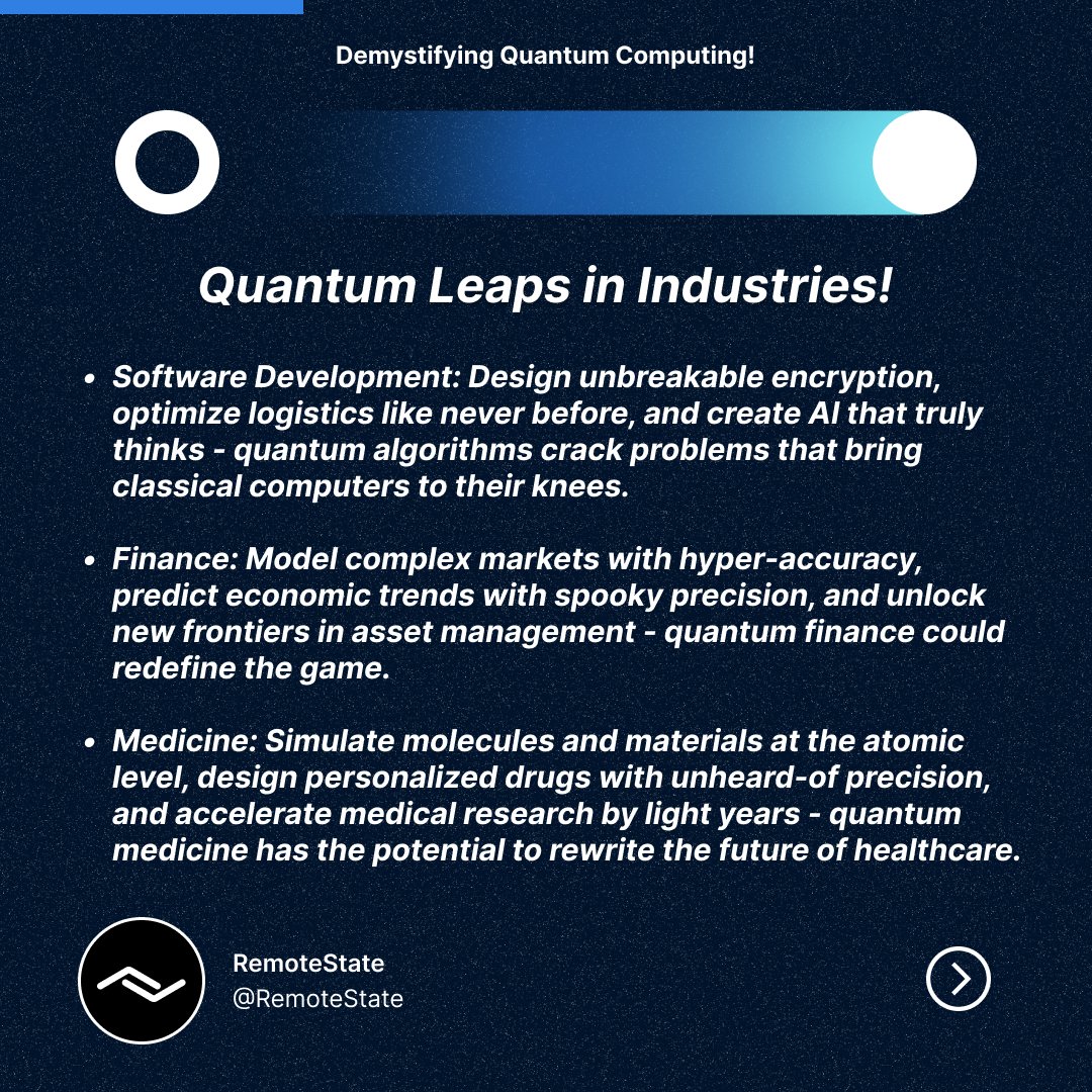 RemoteState's tweet photo. Quantum computing is no longer sci-fi. It's here, and it's about to revolutionize industries like software development, finance, and medicine.

#quantumcomputing  #futureoftech #softwaredevelopment https://t.co/fYpjRC8aBO