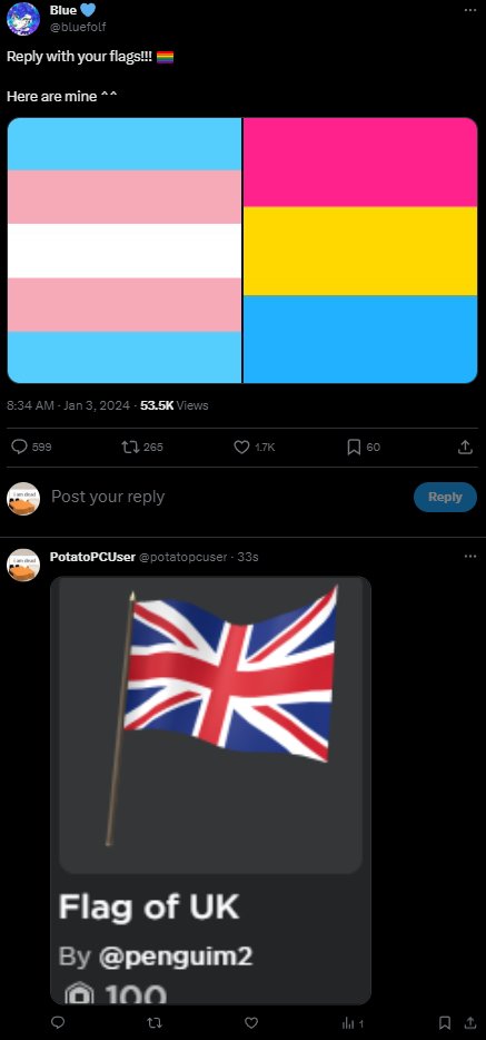 potatopcuser's tweet photo. Did I reply with right flag? My friends are telling me no?? https://t.co/oSL1YO22ET