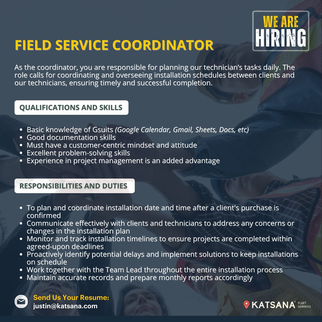 KatsanaGPS's tweet photo. We are #hiring Technicians and Field Service Coordinator https://t.co/ZJhTwk2LNm
