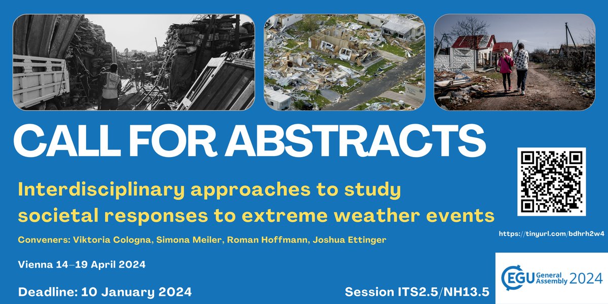 Looking for a simple task to start the new year with? Submit an abstract to our @EuroGeosciences session: meetingorganizer.copernicus.org/EGU24/session/… We welcome #interdisciplinary contributions that address societal responses to extreme weather events 🌪️🥵🔥⛈️ @colognav @JoshEttinger @RmnHoffmann