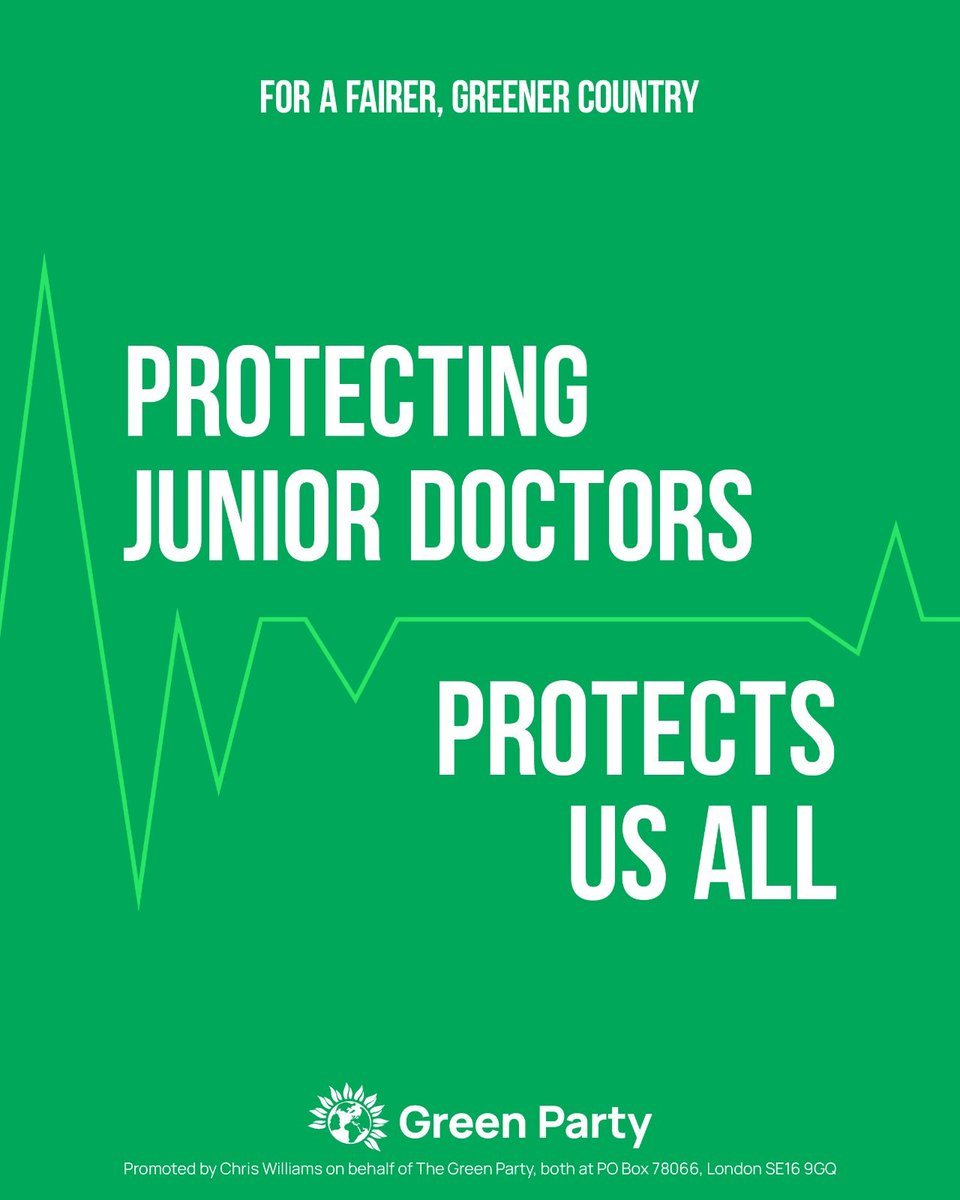 💚 The Green Party stands firmly with all junior doctors striking for fair pay and working conditions and to protect patient safety.

#JuniorDoctors | #JuniorDoctorsStrike