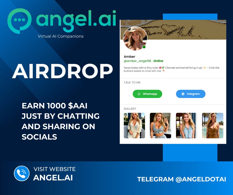 🚀 Airdrop: Angel AI
💰 Value: 1000 $AAI (20 $USDT)
🏆 Winners: 1000 Random
👥 Top 100 Referrals: 10000 $AAI (200 $USDT)
📅 End Date: 1st April, 2024
🏦 Distribution Date: 1st May, 2024

Talk with the Telegram Bot
t.me/Angel_AI_Airdr…

📃 Information 
Angel AI is a platform