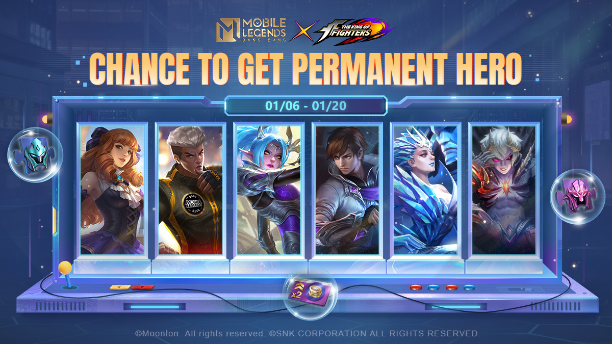 The Hero Academy event is in full swing!
From 01/06 to 01/20, participate in the event and complete tasks to get the KOF Training Pack for free. Open the pack for a chance to get a permanent hero! 

#MobileLegendsBangBang
#MLBBxKOF