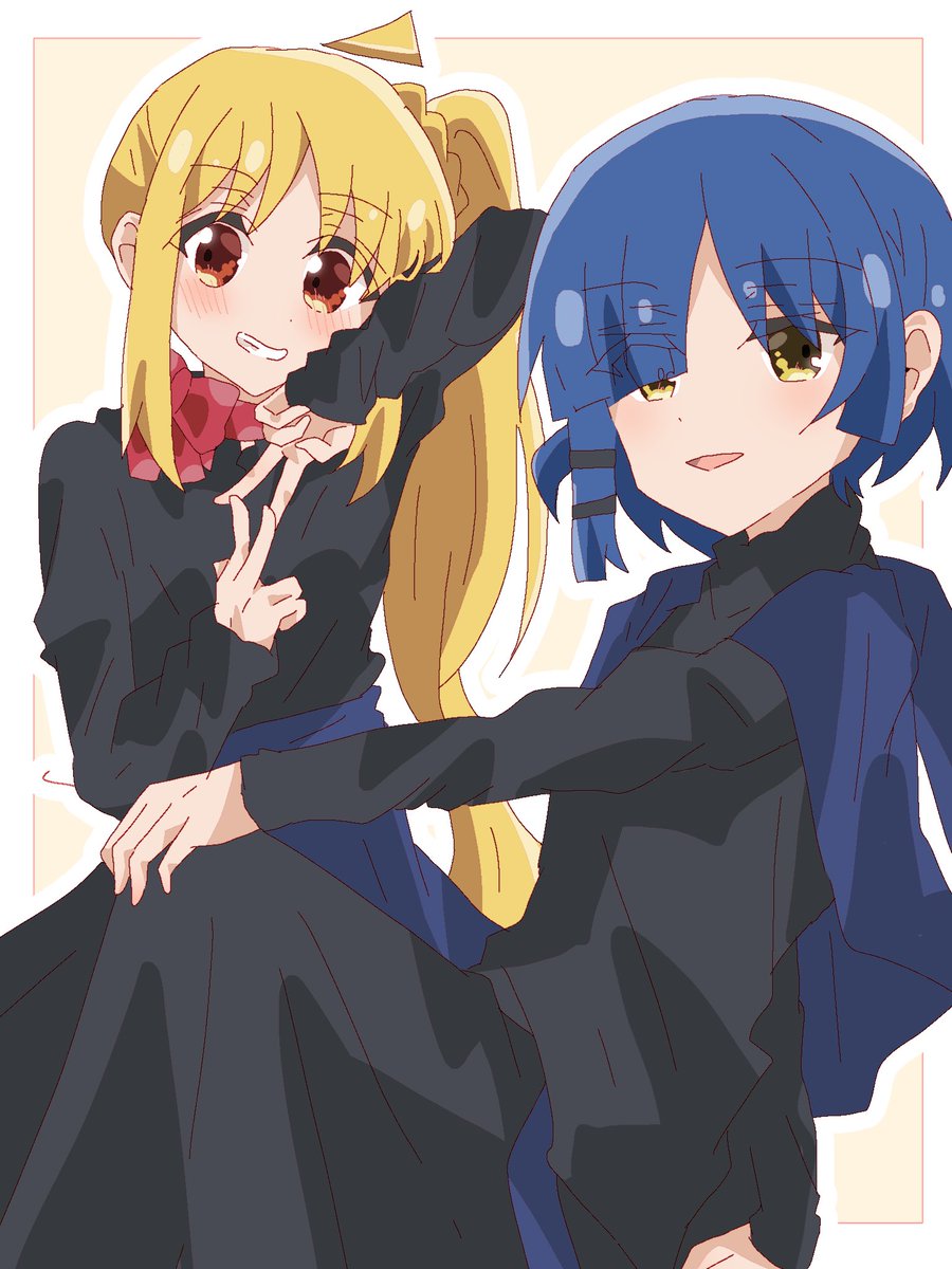 ijichi nijika ,yamada ryo multiple girls 2girls blonde hair blue hair side ponytail long hair smile  illustration images