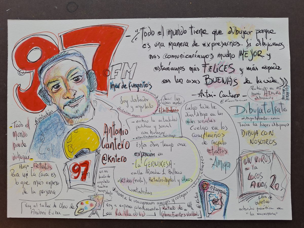 <a href="/fueguitosalamar/">@mardefueguitos.bsky.social</a> <a href="/AntCantero/">Antonio Cantero</a> Me cuesta escuchar así que dibujo para centrarme. La 97 irratia ha cumplido 10 años, dibujatolrato lo hace en 2024, empezar el año uniendo en <a href="/fueguitosalamar/">@mardefueguitos.bsky.social</a> a la <a href="/97irratia/">97 Irratia</a> y <a href="/DibujaTolrato/">Dibuja Tolrato</a>  es espíritu social y de barrio tolrato y Antonio un embajador estupendo.
 <a href="/pintadejas/">Pintadejas</a>