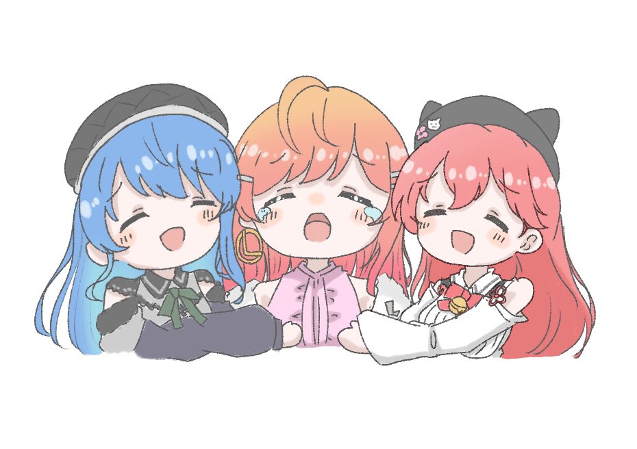 hoshimachi suisei ,hoshimachi suisei (streetwear) ,sakura miko multiple girls 3girls blue hair hat closed eyes pink hair open mouth  illustration images