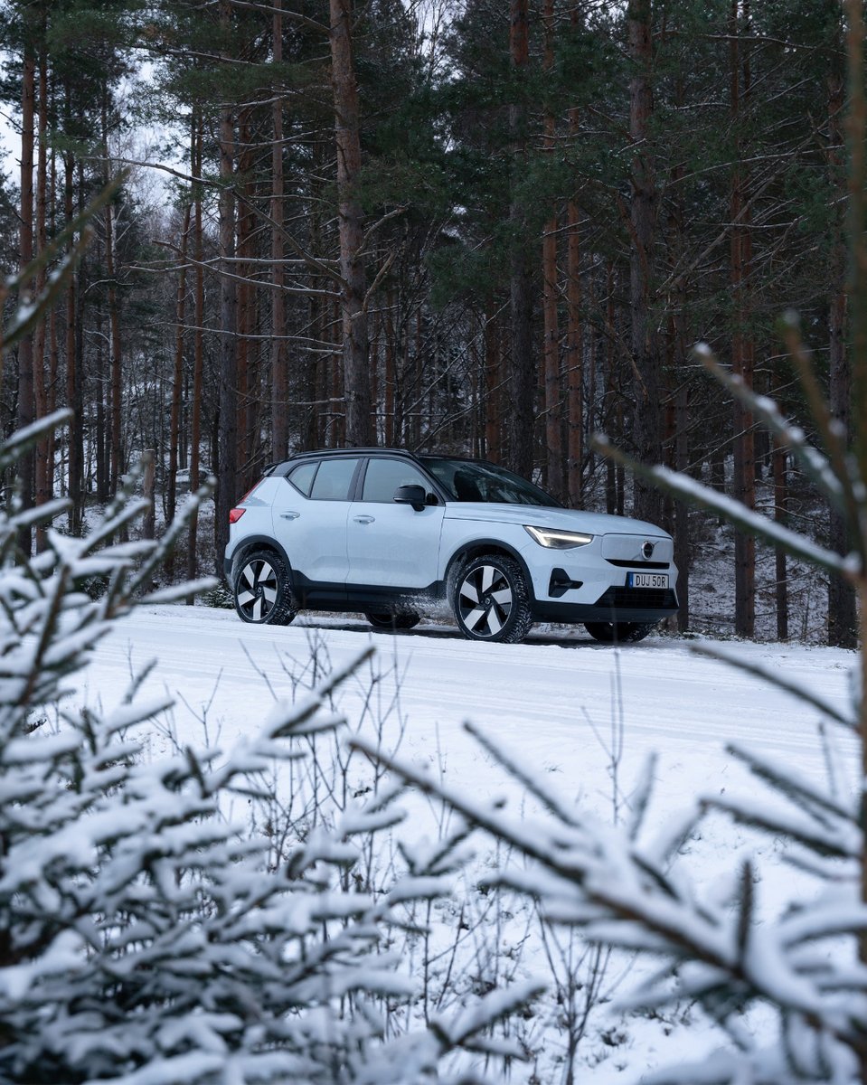 FRFVolvo's tweet photo. Peeking through snow-draped pines, a cloud-blue #XC40Recharge stands, a serene vision captured in nature's frame.❄️🌲 https://t.co/MwKmiUE1DX