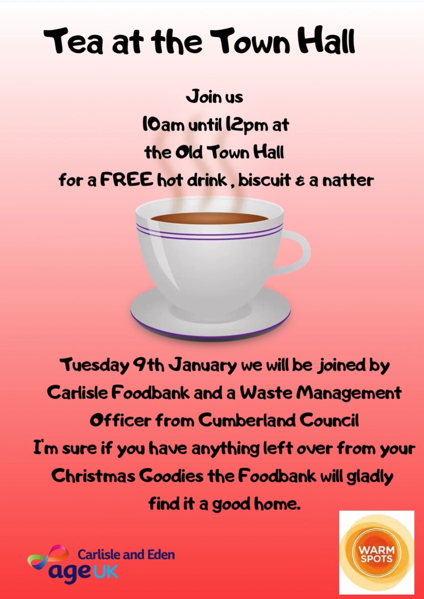 Join #AgeUK #Carlisle and Eden for a #free hot drink, biscuit, and a natter at their new ‘Tea at the Town Hall’ #WarmSpot, starting on Tuesday 9 January in Carlisle’s Old Town Hall, 10am to 12pm.
 
#WarmSpots #Cumbria