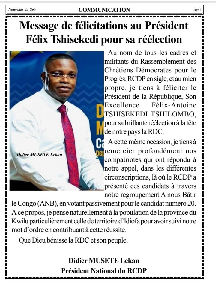 Nos #félicitations à SEM Président de. La République <a href="/fatshi13/">Félix A. Tshisekedi</a> pour sa réélection.