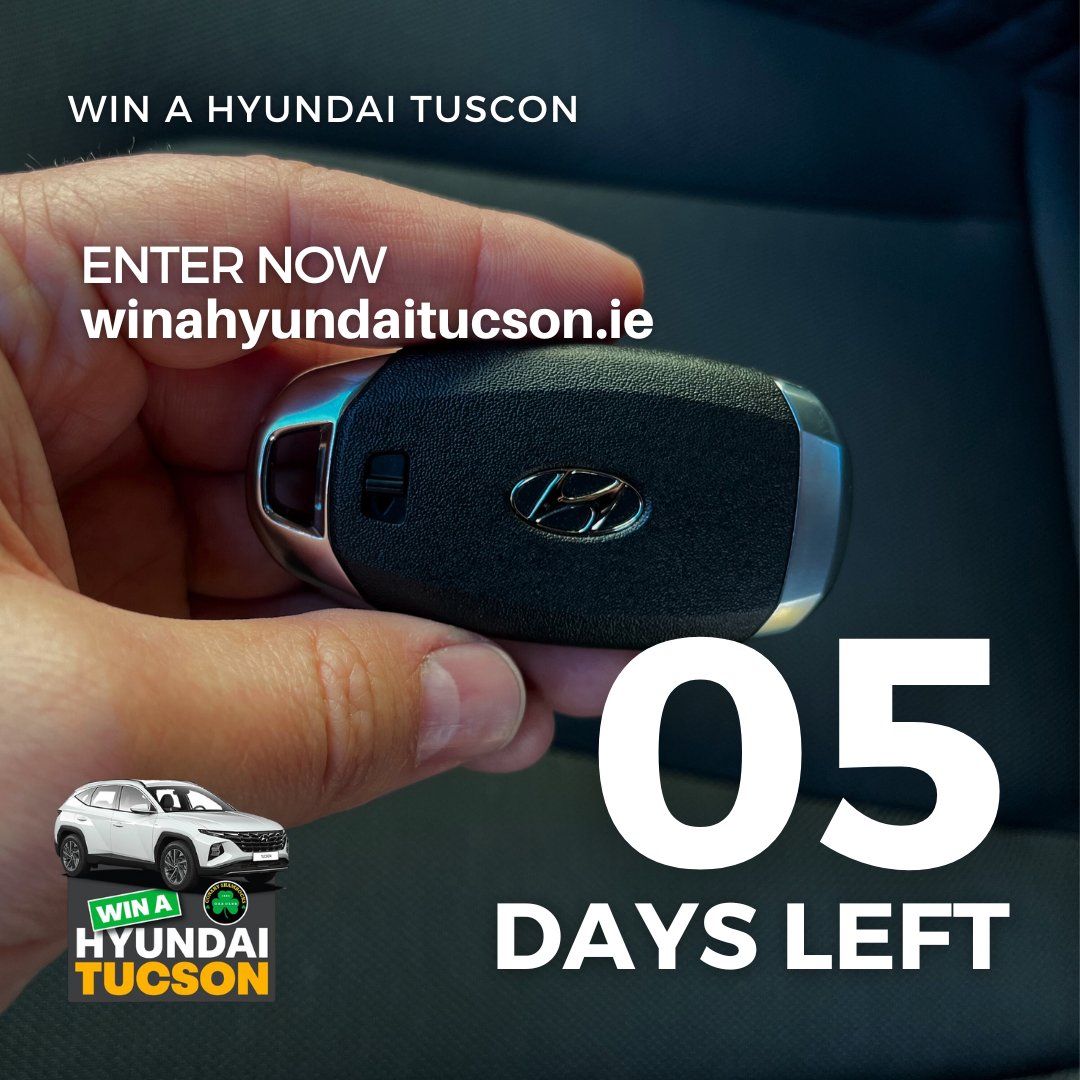 Our draw takes place in 5 days...

We're giving you the chance to win Ireland's best selling car in our <a href="/ConahyShamrocks/">Conahy Shamrocks</a> #WinAHyundaiTucson fundraiser for just €25! So get your ticket and you could be cruising around in a brand new Hyundai Tucson 🚗➡ winahyundaitucson.ie