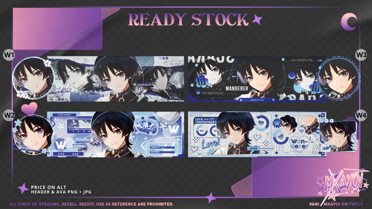 — Help RT pls, ty! 🎉

Hii, aku ada layout ready stock Wanderer🥳Harga di alt (ava png &amp; jpg) &amp; payment via QRIS only 🍰

Yuk bs DM langsung untuk take layoutnya!

#zonajajan #zonauang️