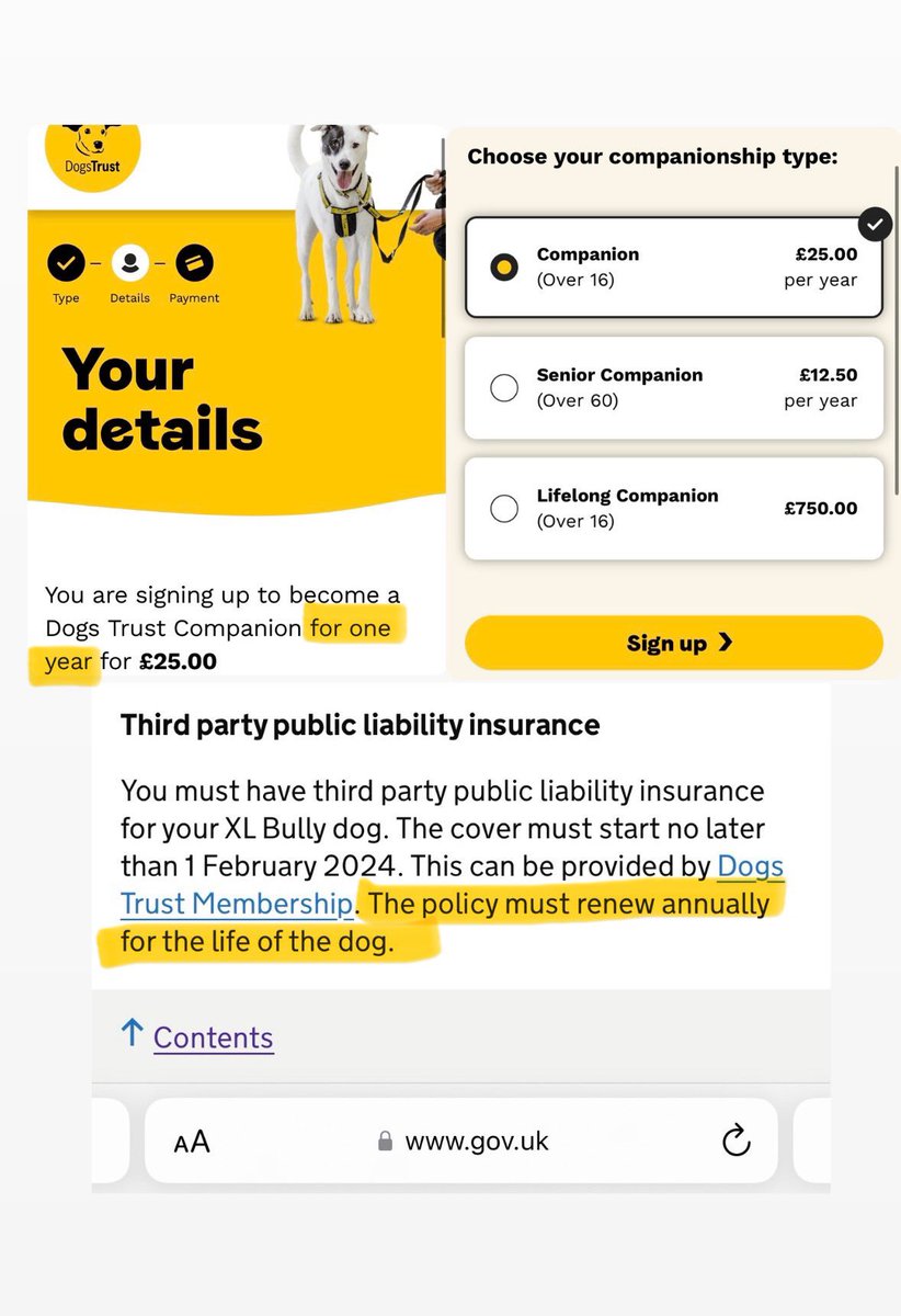 natalurrr's tweet photo. @DogsTrust if I purchase the £25 for one year, there’s no option to renew annually &amp; the https://t.co/cNRpuKN6Tf guidance states “The policy must renew annually for the life of the dog.” Do I have to purchase the £750 lifelong to comply for my XL BULLY? https://t.co/A5vLKqWwJM