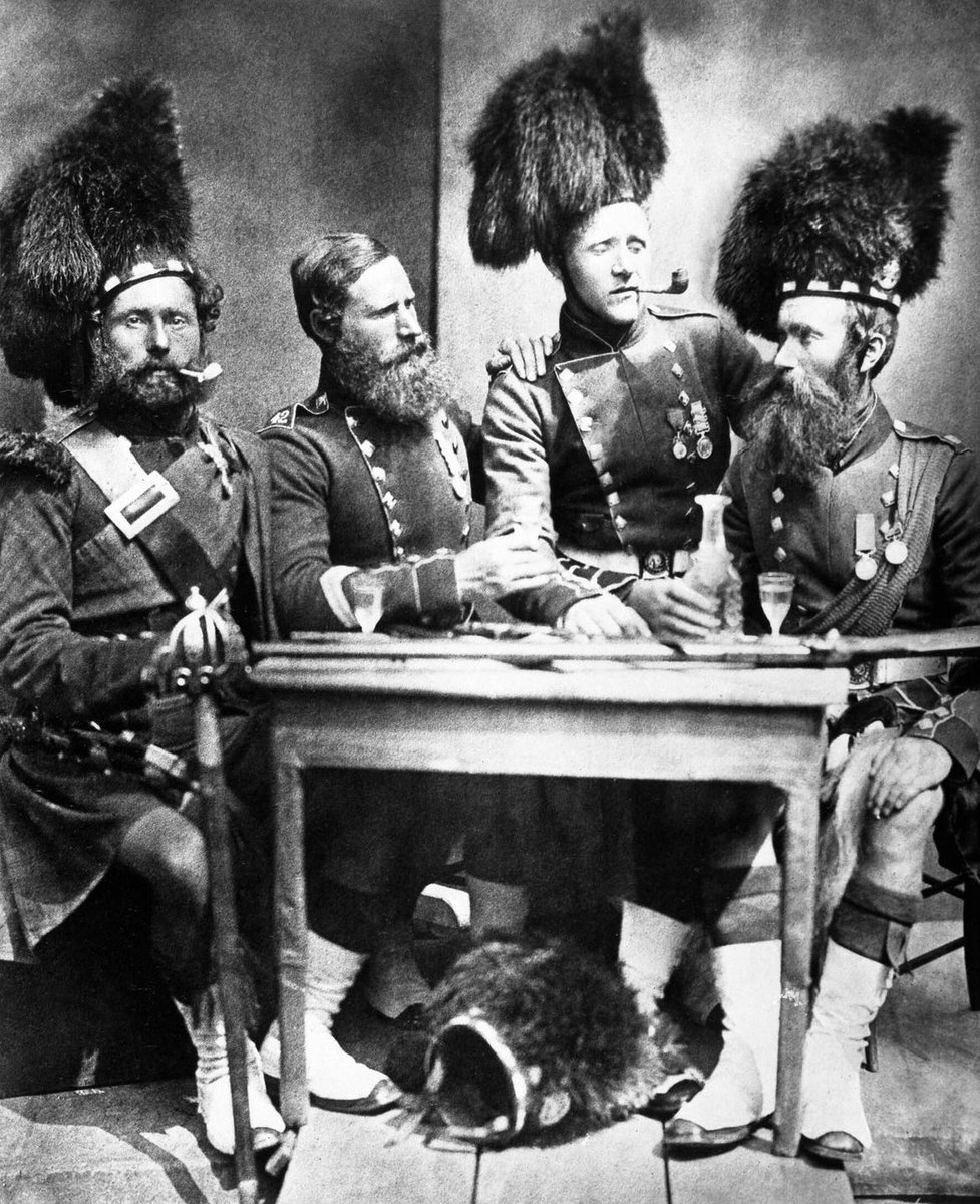 RamblingHUK's tweet photo. Piper David Muir, George Glen, Donald McKenzie and Colour Sergeant William Gardner of the 42nd Royal Highlanders pictured having drinks in Aldershot (c.1855)

#History | #Scotland | #Photography https://t.co/mp8cUJRSXf