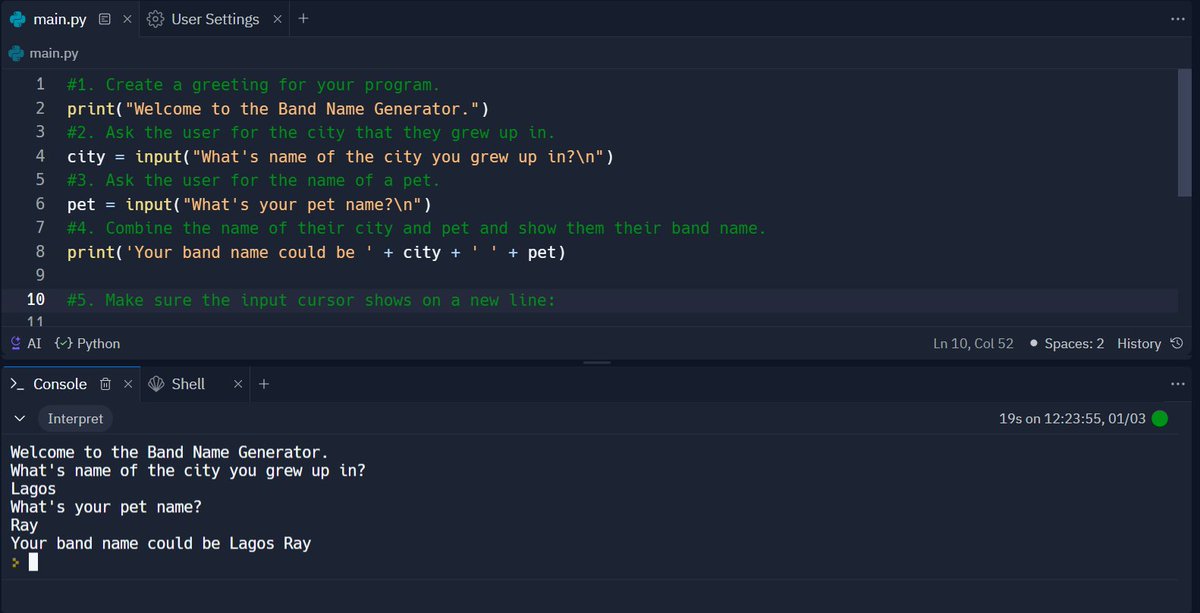 Toritt_Z's tweet photo. Day 1 of #100DaysofCode
Started with the basics - String Manipulation, Input Function and Variables in Python. https://t.co/JE4Nh8gv7z