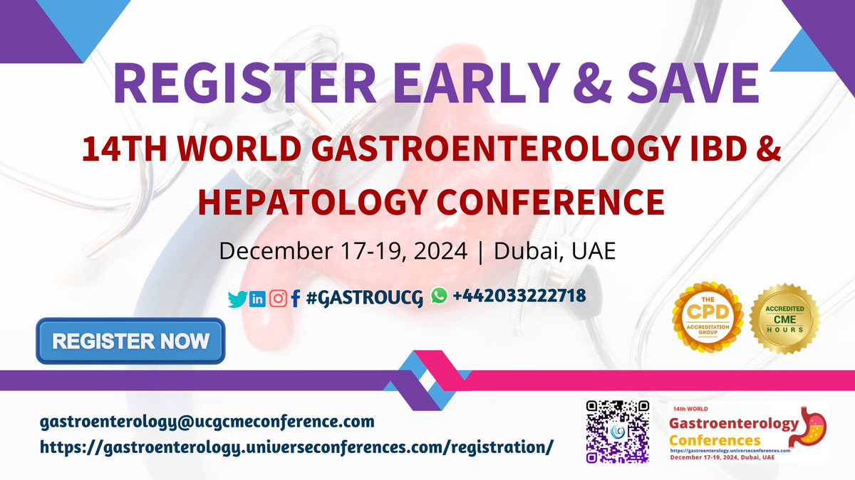 Call for Registration: 14th World Gastroenterology, IBD & Hepatology Conference from Dec 17-19, 2024, in Dubai, UAE & Virtual
wa.me/442033222718?t…
…troenterology.universeconferences.com/registration/
#LiverAwareness #LiverFunction #NAFLD #NonAlcoholic #FattyLiverDisease #HepatologyResearch #LiverCancer