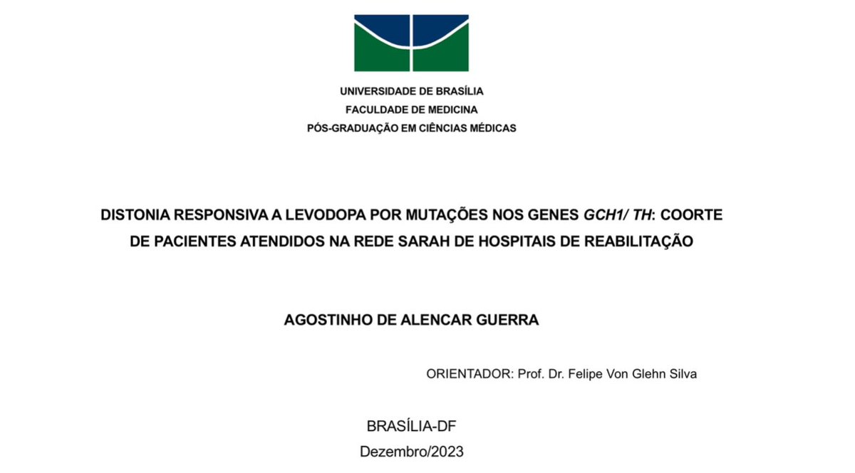 AgostinhoGuerr8's tweet photo. Master's Thesis Defense successfully completed.

Levodopa-Responsive Dystonia due to Mutations in GCH1/TH Genes in a Patient Cohort Treated at the SARAH Network of Rehabilitation Hospitals.

Thank you to everyone who contributed to making this possible, especially to God. https://t.co/TO5txJu3dK