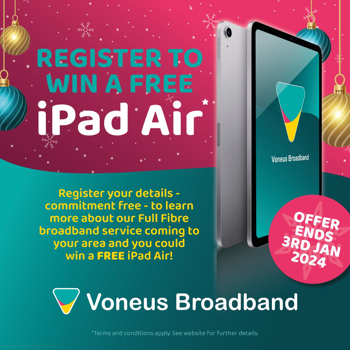 Psst, The January Blues will have to wait as we're still running our festive iPad giveaway- today is your last chance! Register for a chance to win an iPad, as well as receiving an update on when Full Fibre Broadband is coming to your area: voneus.com/register/
