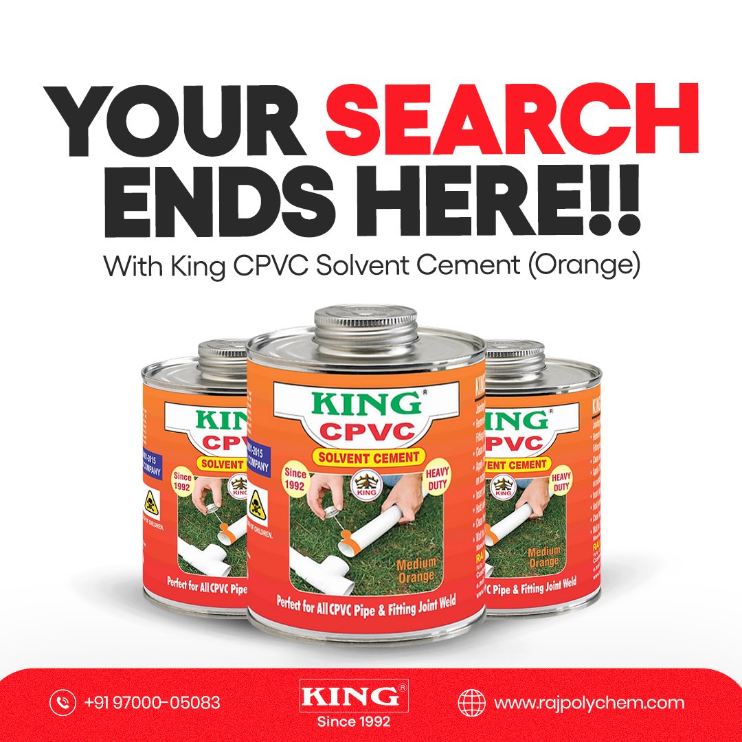rajpolychem's tweet image. Are you tired of slow-drying cements that never seem to set up completely? End the frustration now with King CPVC Solvent Cement - the gold standard for quick and reliable plumbing connections. 🏠

#pvccement #kingsolventcement #cement #cementproduct #cementproducts