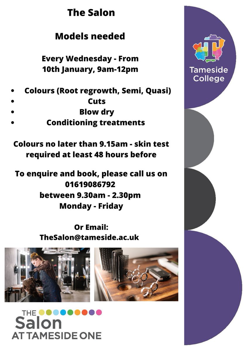 TheSalonAtT1's tweet photo. To enquire and book, please call us on 0161 908 6792 or email TheSalon@tameside.ac.uk between hours of 9.30am - 2.30pm Monday to Friday
#TheSalonAtT1 #ICanBe https://t.co/ysmWDJJrkp